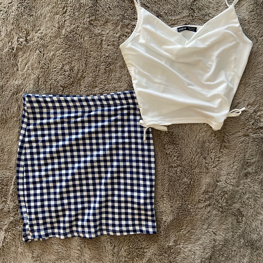 BOGO plaid print skirt and white crowl neck tank top outfit bundle